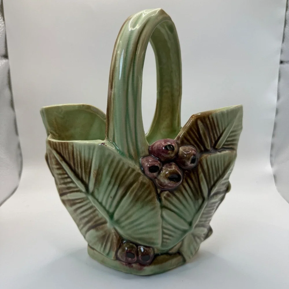 Vintage McCoy Pottery Leaf and Berry Basket Planter Green Brown Glossy USA